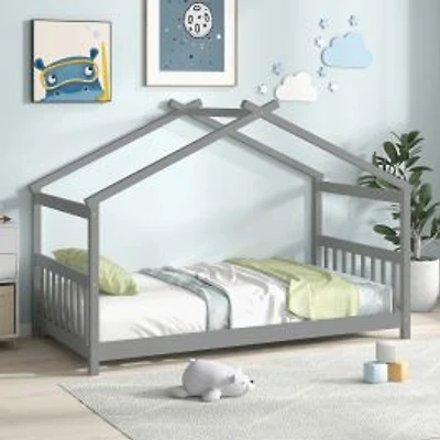 Twin Size Wooden House Bed with Roof