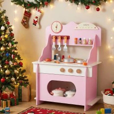 Wooden Play Kitchen for Kids Pretend Play Toy Kitchen Set, Clock Gift for Boys and Girls 3+ - Pink