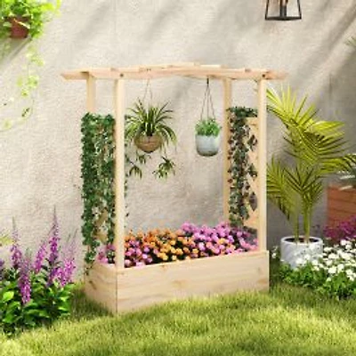 Wooden Raised Garden Bed Planter Box, Trellis and Hanging Roof
