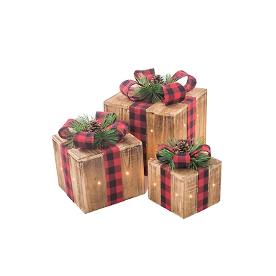 Ensemble de 3 cadeaux lumineux en bois brun avec ruban carreaux buffalo