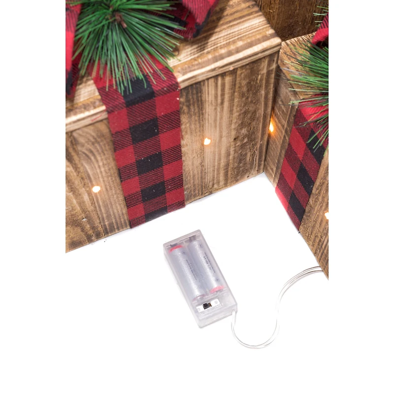 Umber Wood 3 Piece Illuminated Present Set Buffalo Plaid Ribbon