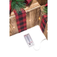 Umber Wood 3 Piece Illuminated Present Set Buffalo Plaid Ribbon