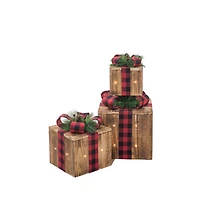 Umber Wood 3 Piece Illuminated Present Set Buffalo Plaid Ribbon