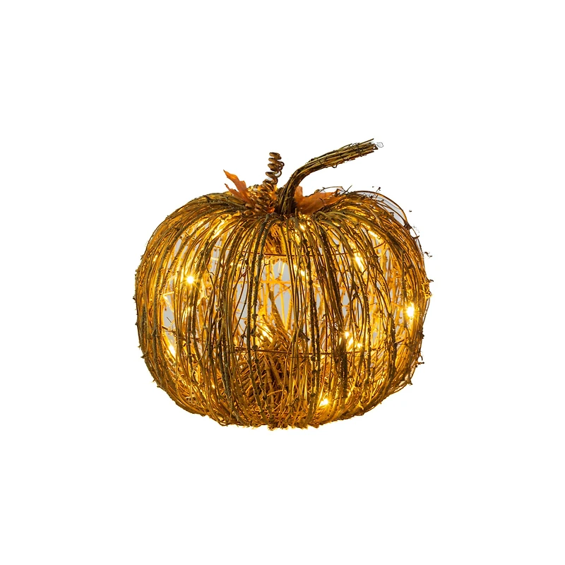 Sitting Umber Wood Stick Pumpkin Warm White LED Display