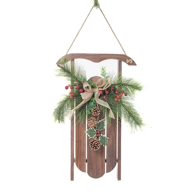 Hanging Umber and Green Wood Sled with Spray