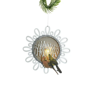 Ornements suspendus panneaux « Joyeux Noël » en bois blanc avec DEL et cardinaux perchés, ensemble de 4