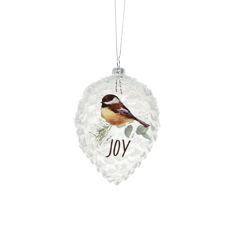 Clear Glass Pinecone Ornament Perched Chickadee, Pack of 3
