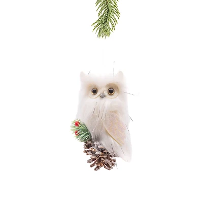 Hanging White Cloth Owl Ornament On Pinecone, Pack of 8