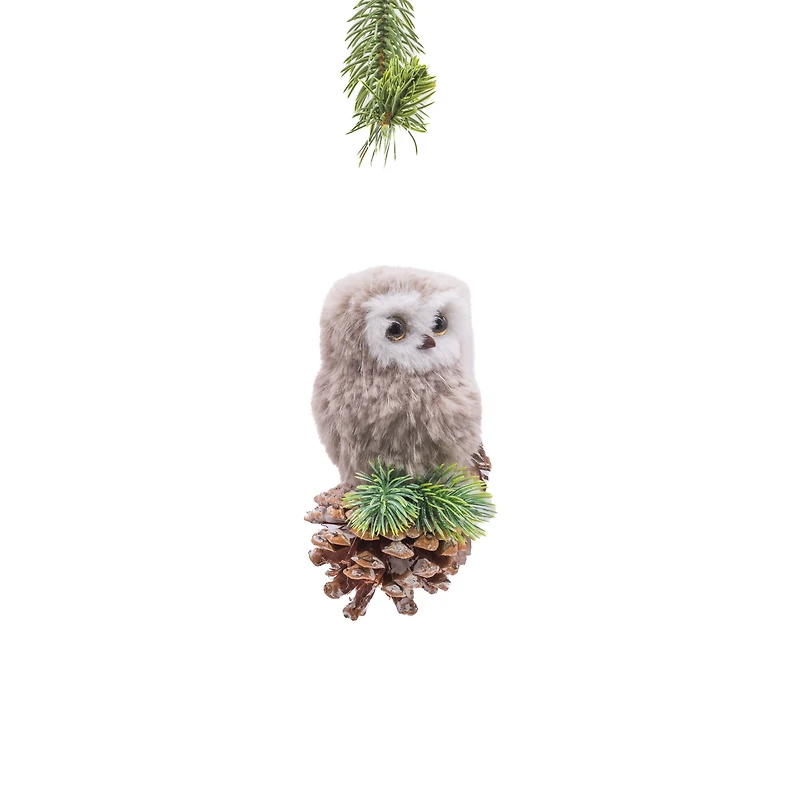Hanging grey Cloth Owl Ornament On Pinecone, Pack of 8