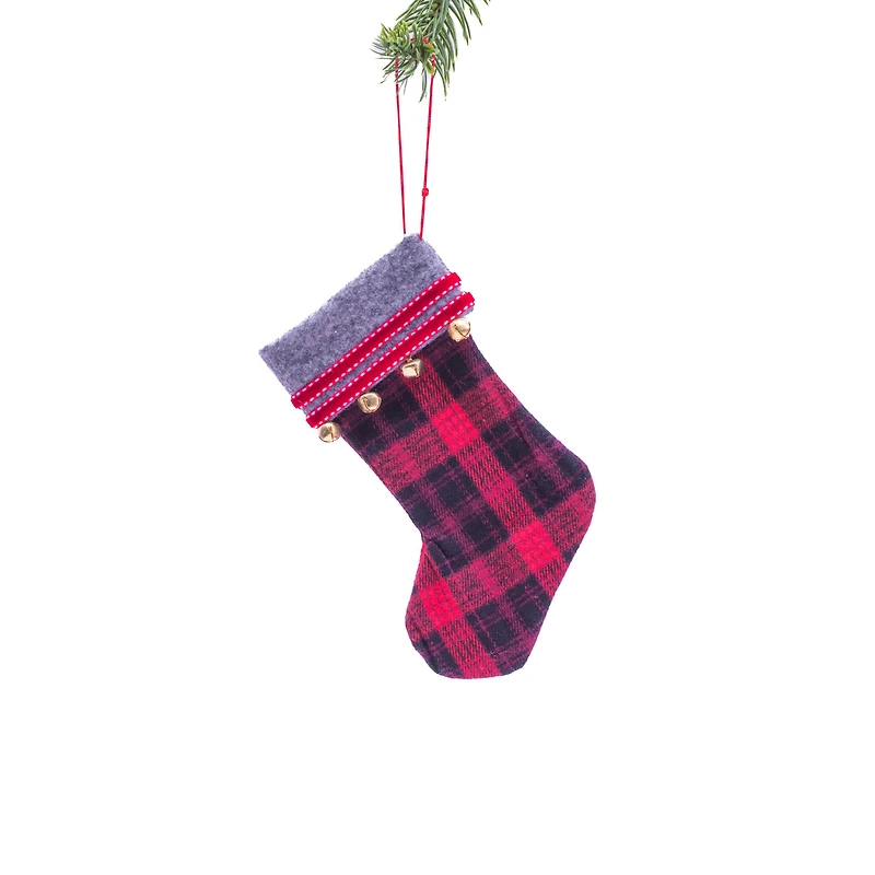 Hanging Red and Black Cloth Plaid Stocking Ornament, Pack of 6
