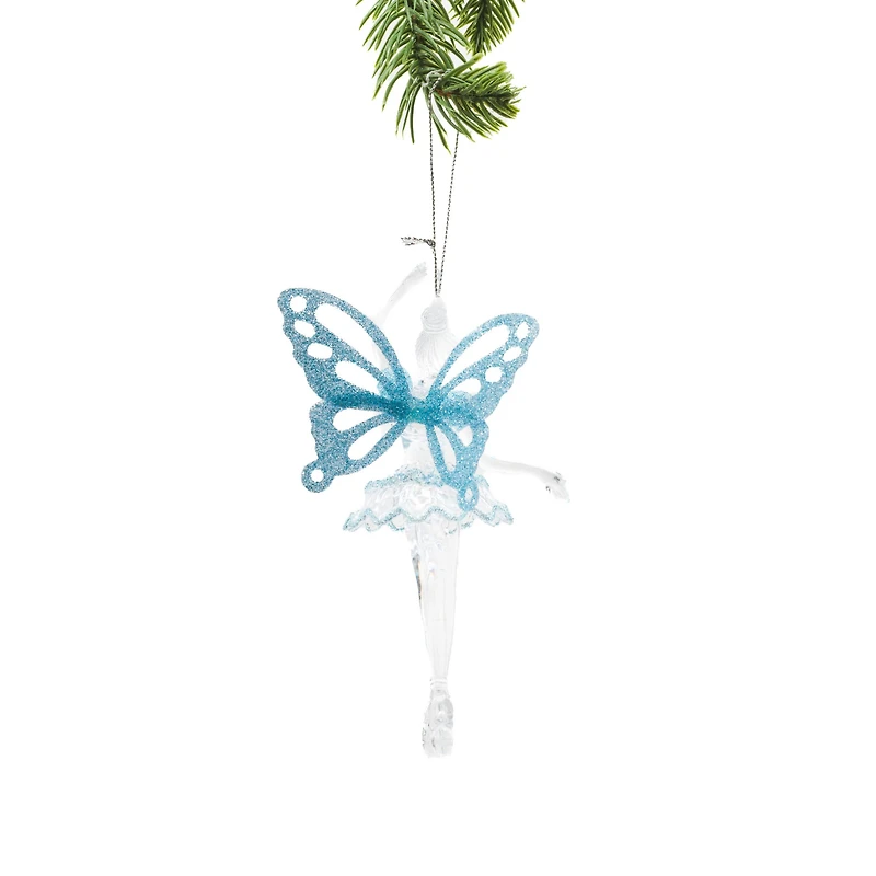 Clear Plastic Fairy Ornament Glittering Blue Wings, Pack of 6