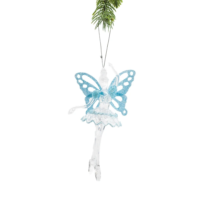 Clear Plastic Fairy Ornament Glittering Blue Wings, Pack of 6