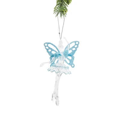 Clear Plastic Fairy Ornament Glittering Blue Wings, Pack of 6