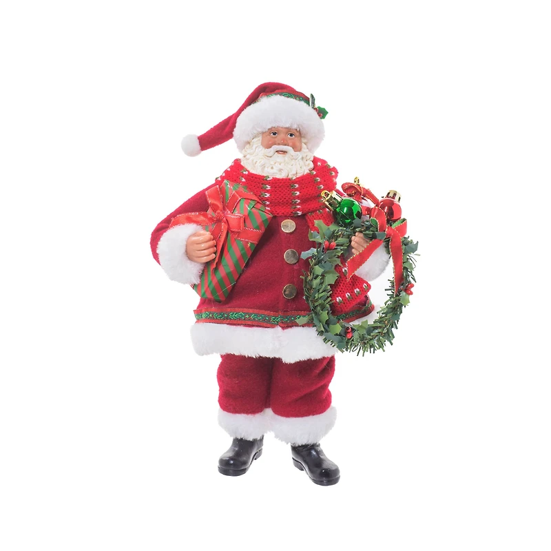 Plump Red Cloth Santa Figurine Holding Wreath
