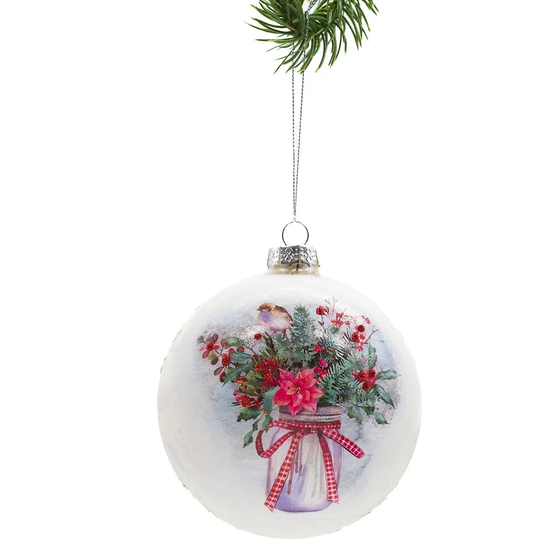 White Glass Painted Ball Ornament Potted Flowers, Pack of 2