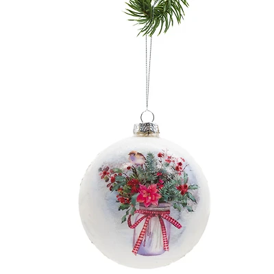 White Glass Painted Ball Ornament Potted Flowers, Pack of 2