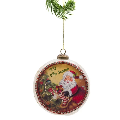 Ornements suspendus lumineux en verre jaune avec DEL Père Noël au travail, ensemble de 2