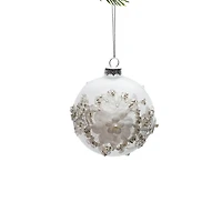 Clear and White Glass Ornate Floral Ball Ornament, Pack of 3