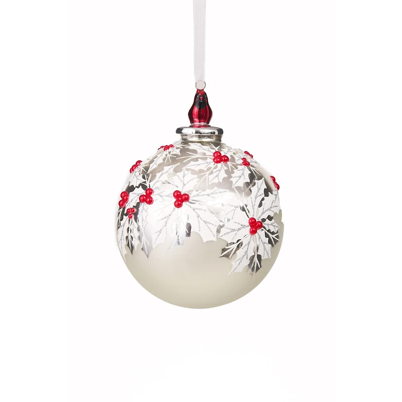 Floral Silver and White Porcelain Ball Ornament, Pack of 2