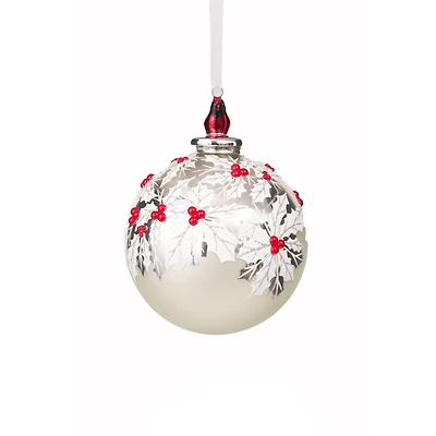 Floral Silver and White Porcelain Ball Ornament, Pack of 2