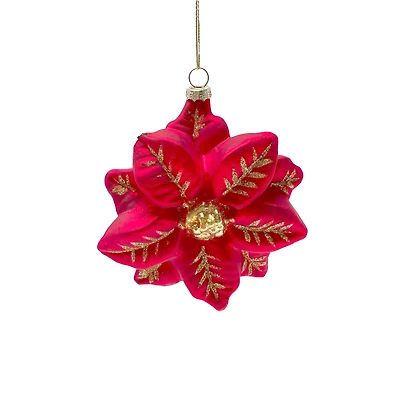 Red Glass Poinsettia Ornament Gold Detailing, Pack of 3
