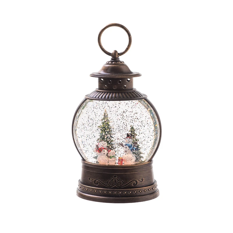 Oval Brown Plastic Lantern LED Snow Globe with Snowman-Scape