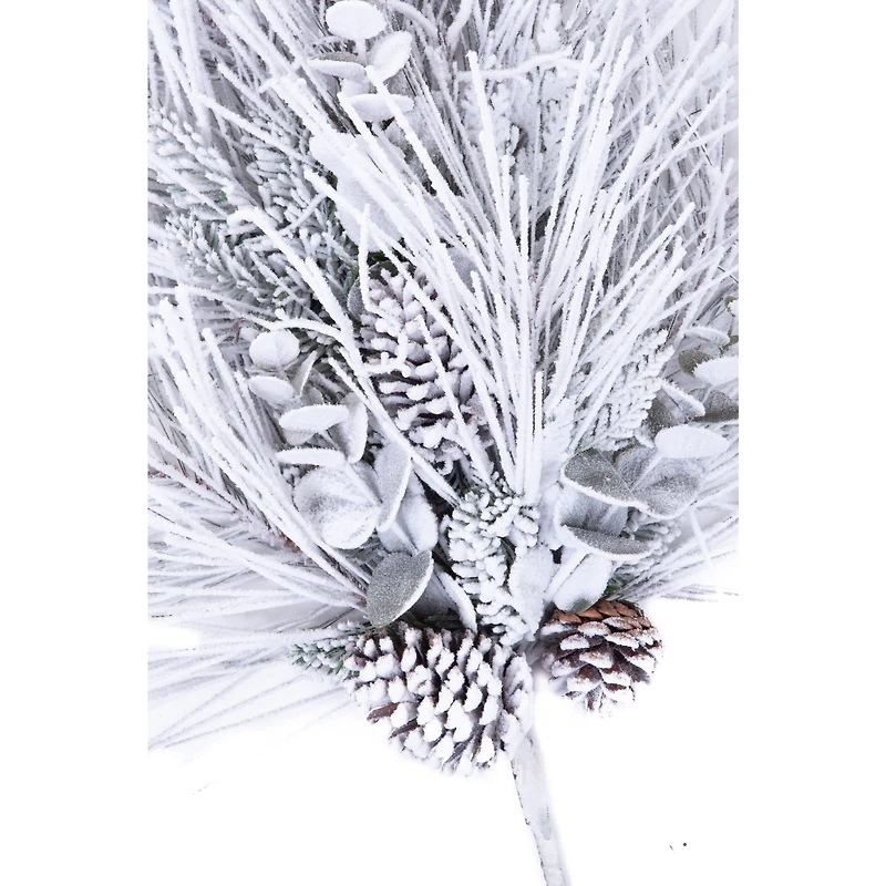 Hangable Flocked White and Green Pvc Teardrop Swag with Pinecones