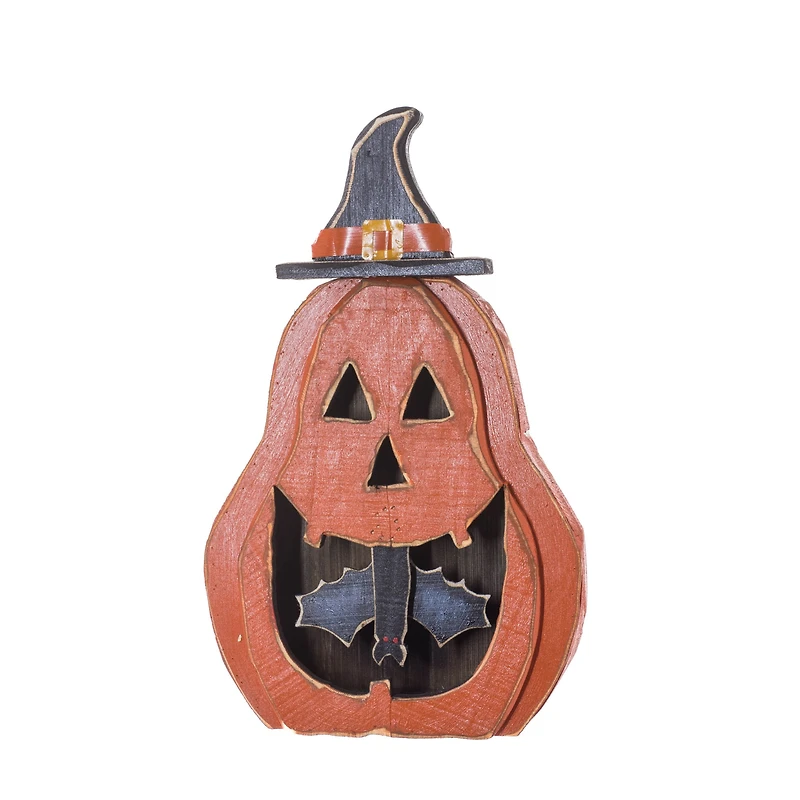 Orange and Black Wooden Jack O' Lantern Display with Bat