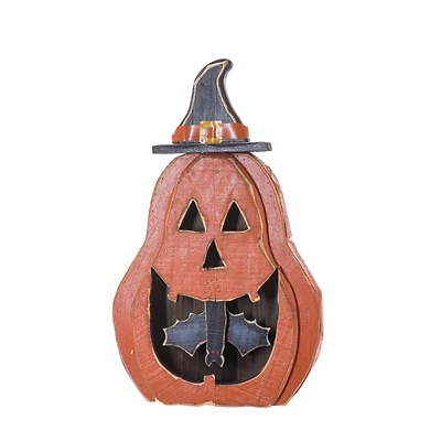 Orange and Black Wooden Jack O' Lantern Display with Bat