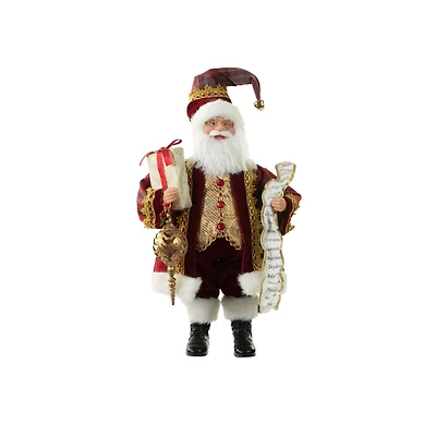 Figurine Père Noël suspendue en tissu rouge et or avec liste des gentils