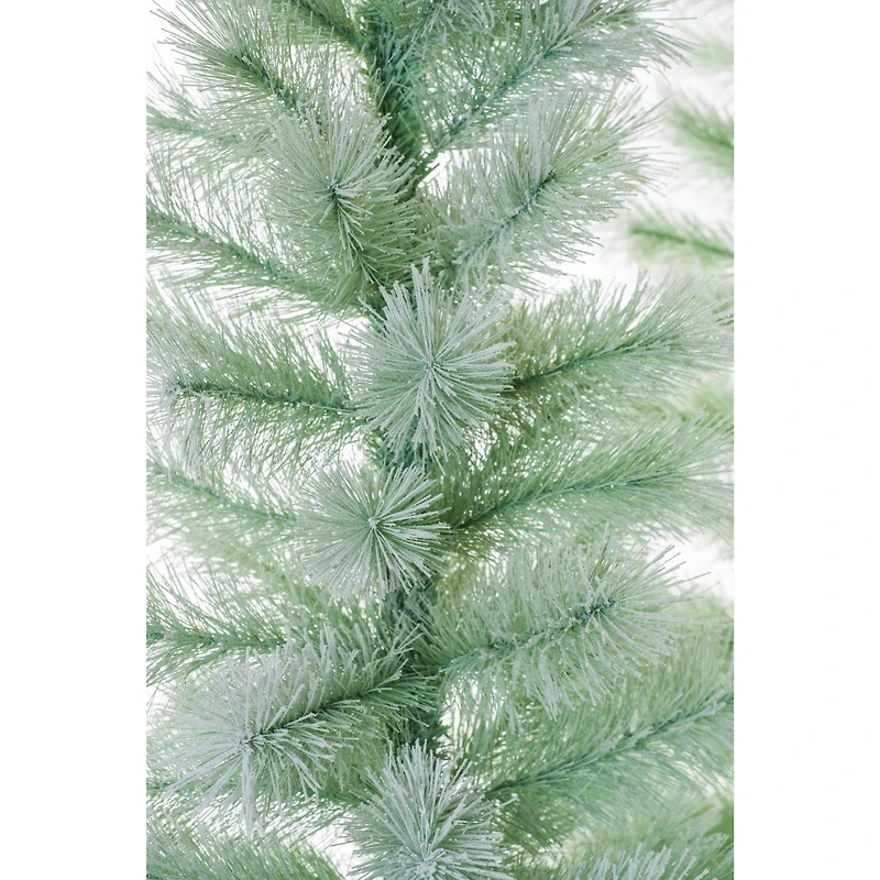 Ensemble de trois sapins floqués vert pastel avec base en toile de jute