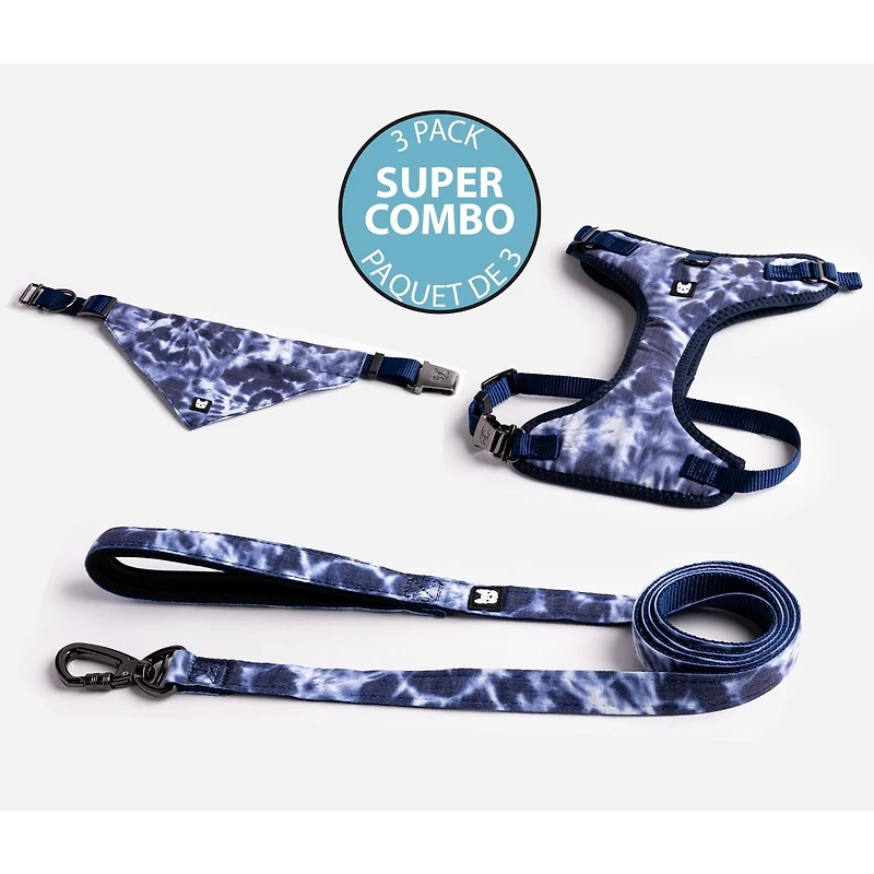 Dog's Collar, Leash and Harness Combo by SilverPaw - Blue Tie Dye