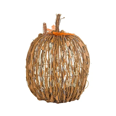 Sitting Ochre Wood Stick Pumpkin Warm White LED Display