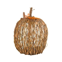 Sitting Ochre Wood Stick Pumpkin Warm White LED Display