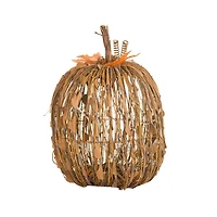 Sitting Ochre Wood Stick Pumpkin Warm White LED Display