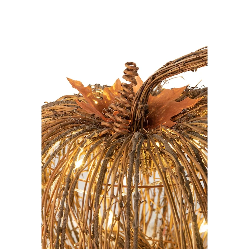 Citrouilles sur bâton en bois ocre assises avec DEL blanc chaud