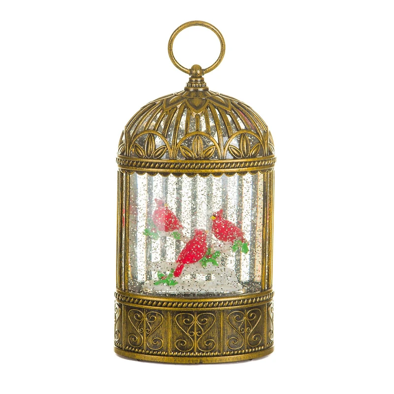 Gold Plastic Birdcage Warm White LED Snow Globe with Cardinals