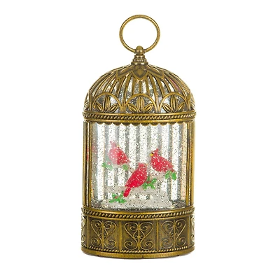 Gold Plastic Birdcage Warm White LED Snow Globe with Cardinals