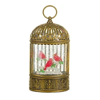 Gold Plastic Birdcage Warm White LED Snow Globe with Cardinals