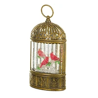 Gold Plastic Birdcage Warm White LED Snow Globe with Cardinals