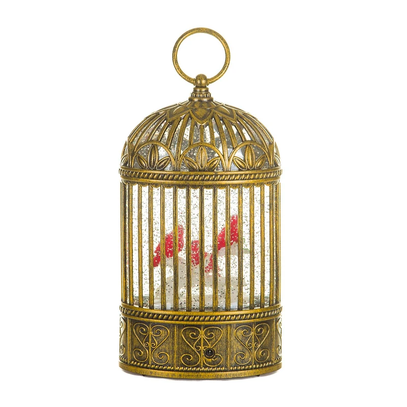 Gold Plastic Birdcage Warm White LED Snow Globe with Cardinals