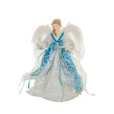 Cime de sapin ange contemporain floral argent et céruléen en polyester avec DEL blanc chaud