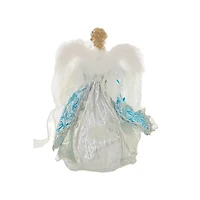 Cime de sapin ange contemporain floral argent et céruléen en polyester avec DEL blanc chaud