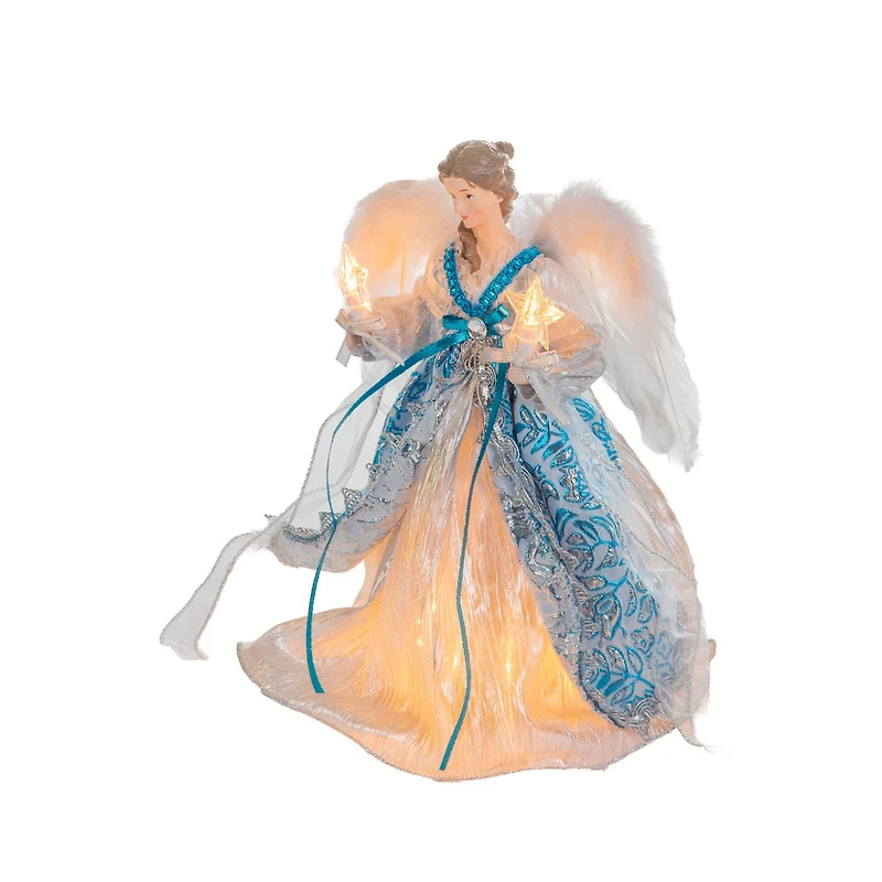 Floral Silver and Cerulean Polyester Contemporary Warm White LED Angel Tree Topper