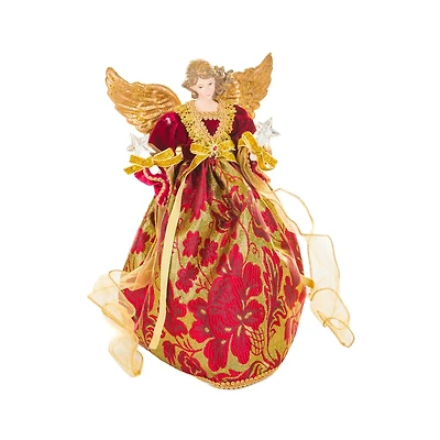 Sequin Red Polyester Luxurious Warm White LED Angel Tree Topper Golden Accents