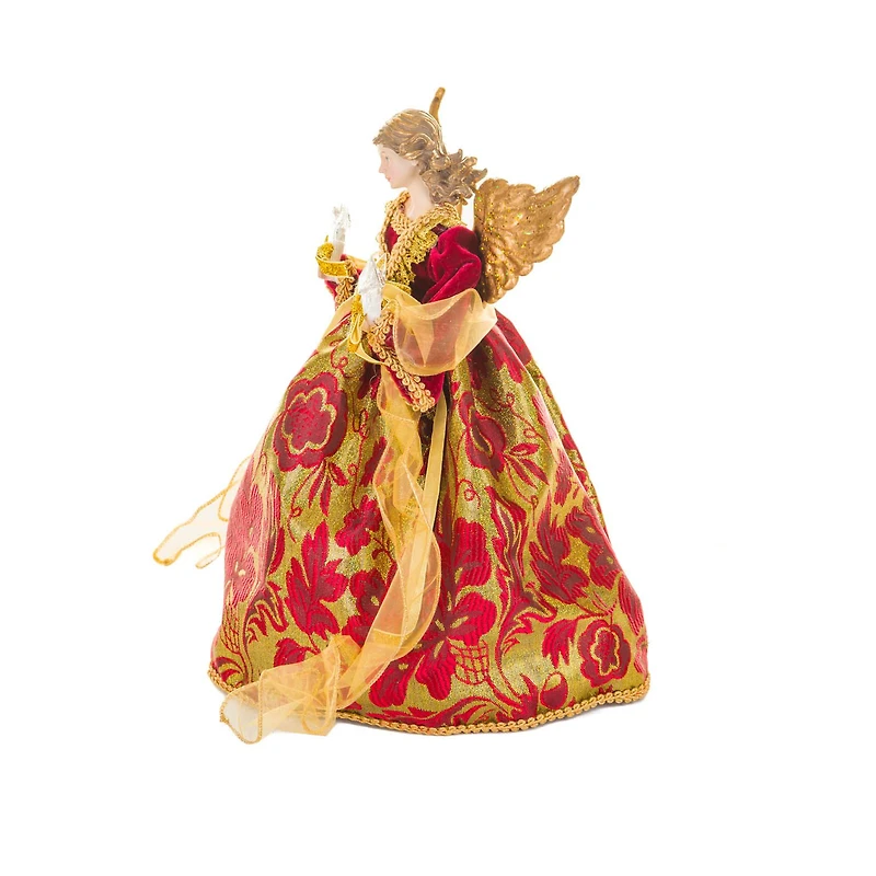 Sequin Red Polyester Luxurious Warm White LED Angel Tree Topper Golden Accents