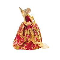 Cime de sapin ange suspendue en polyester rouge à sequins avec DEL blanc chaud et accents dorés