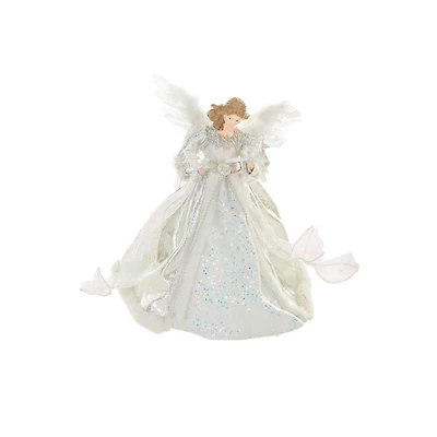 Cime de sapin ange suspendue en polyester argent et blanc avec DEL blanc chaud et robe flocon