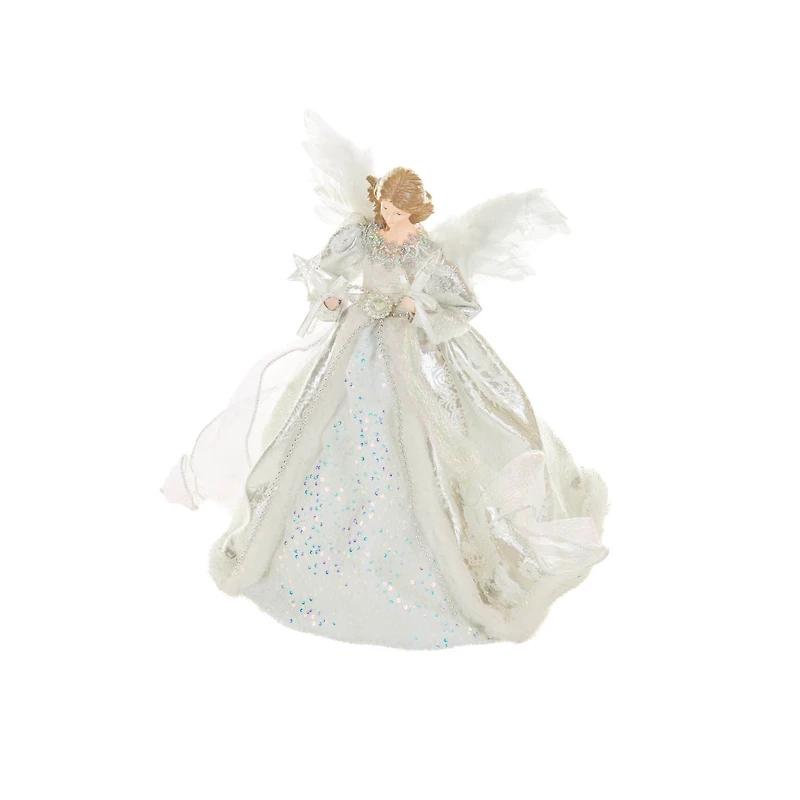 Cime de sapin ange suspendue en polyester argent et blanc avec DEL blanc chaud et robe flocon