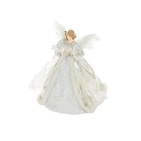 Cime de sapin ange suspendue en polyester argent et blanc avec DEL blanc chaud et robe flocon